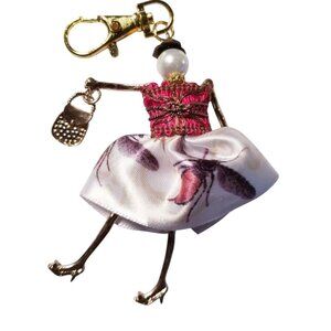 Charm Doll Purse Tassel Key Chain Necklace Pendant White Pearl with Bee Skirt